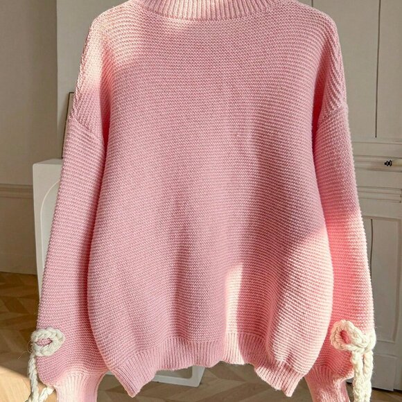 Pink Casual Women's Round Neck Bow Design Long-Sleeved Knit Sweater - Picture 7 of 10